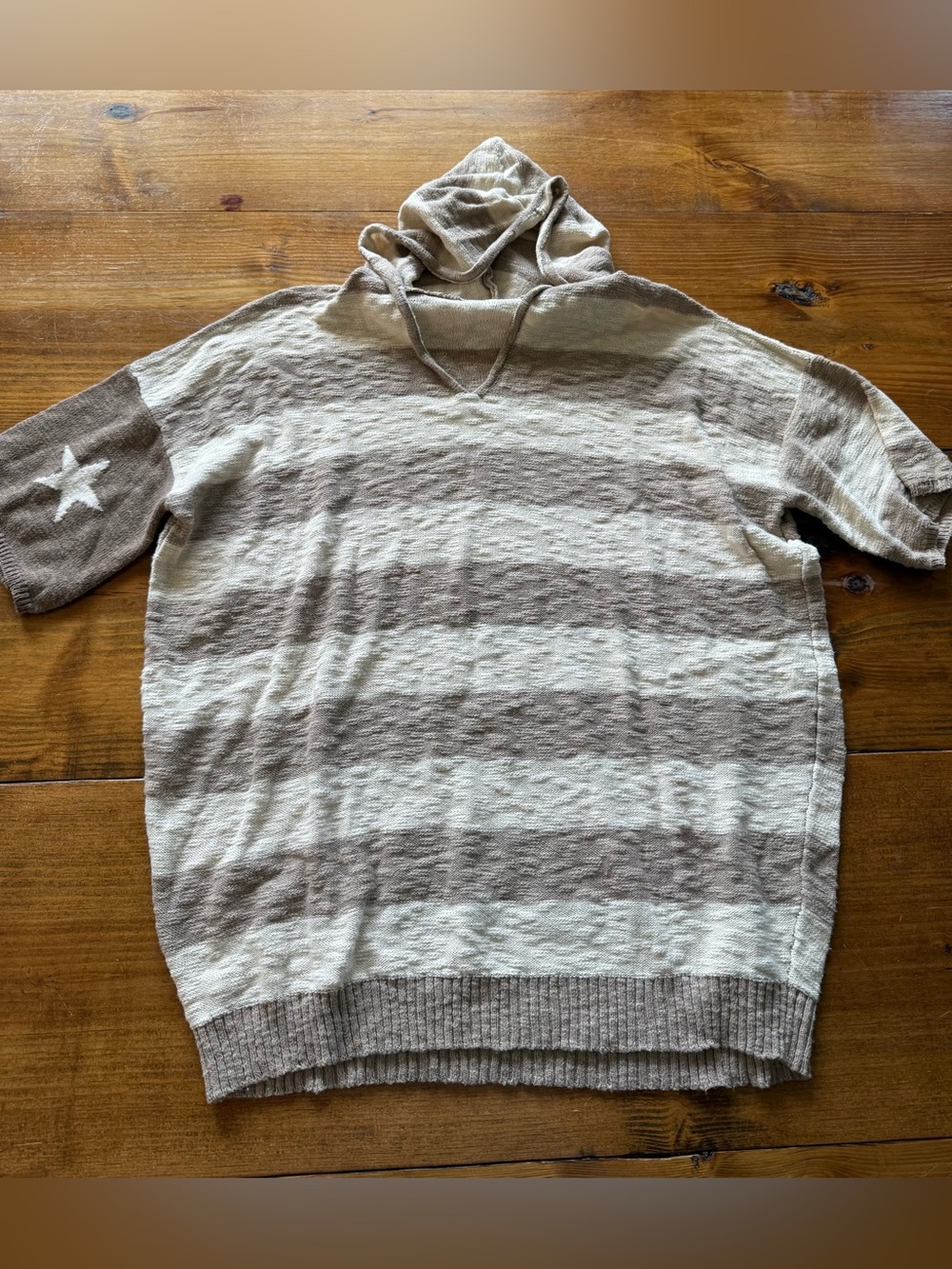 Striped Hooded Short Sleeved Sweater - Beige and Cream